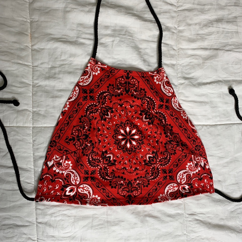 Red halter tie top